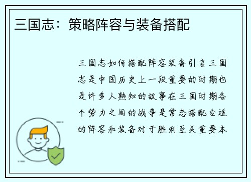 三国志：策略阵容与装备搭配